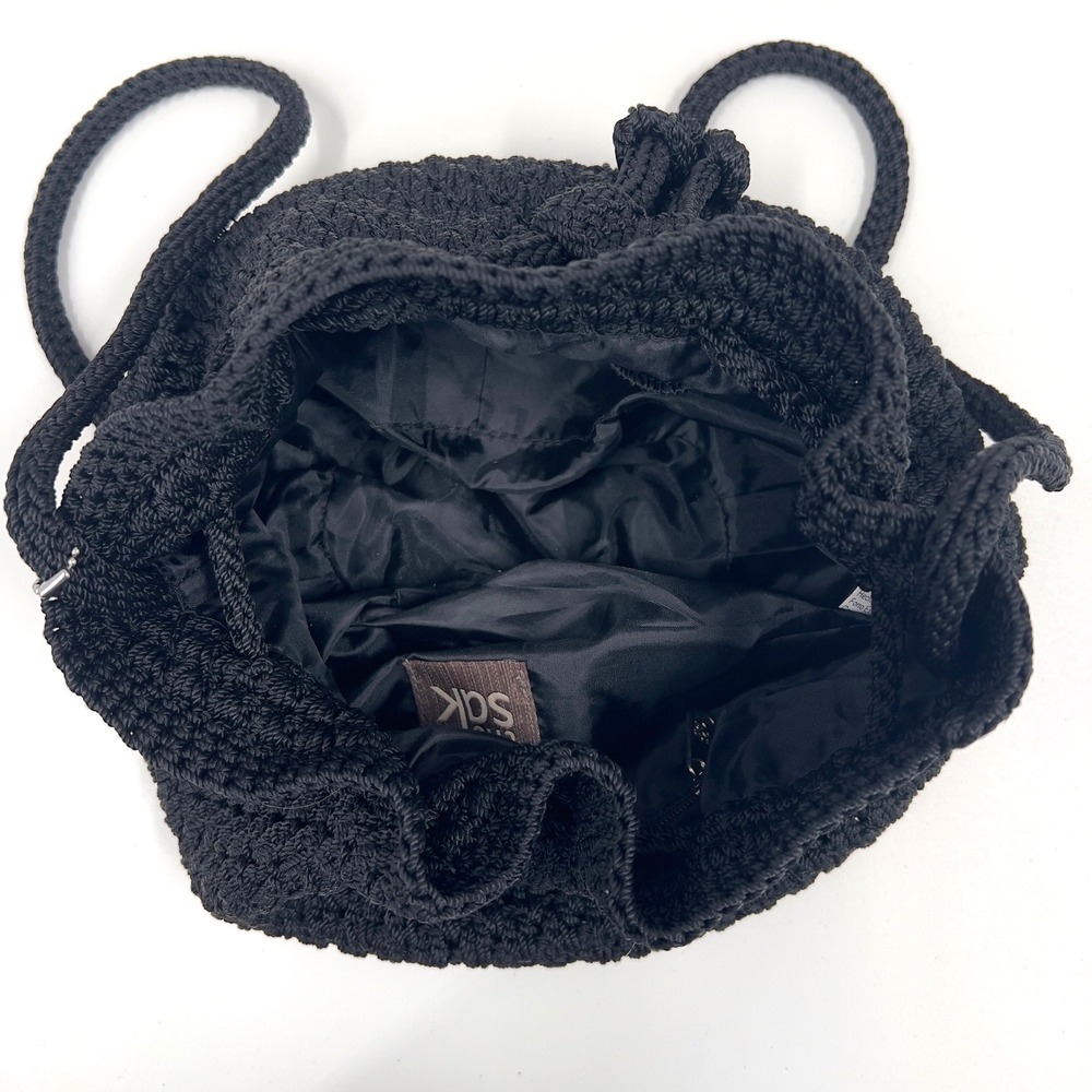 The Sak Black Crochet Drawstring Bucket Crossbody Bag Charm Y2K Goth Vintage - Picture 7 of 10